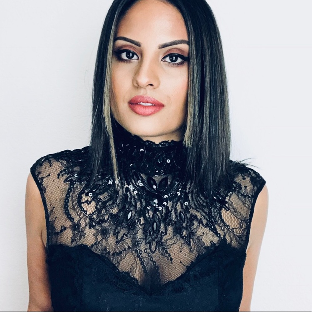 BEBE JEWEL STUDDED LACE TOP